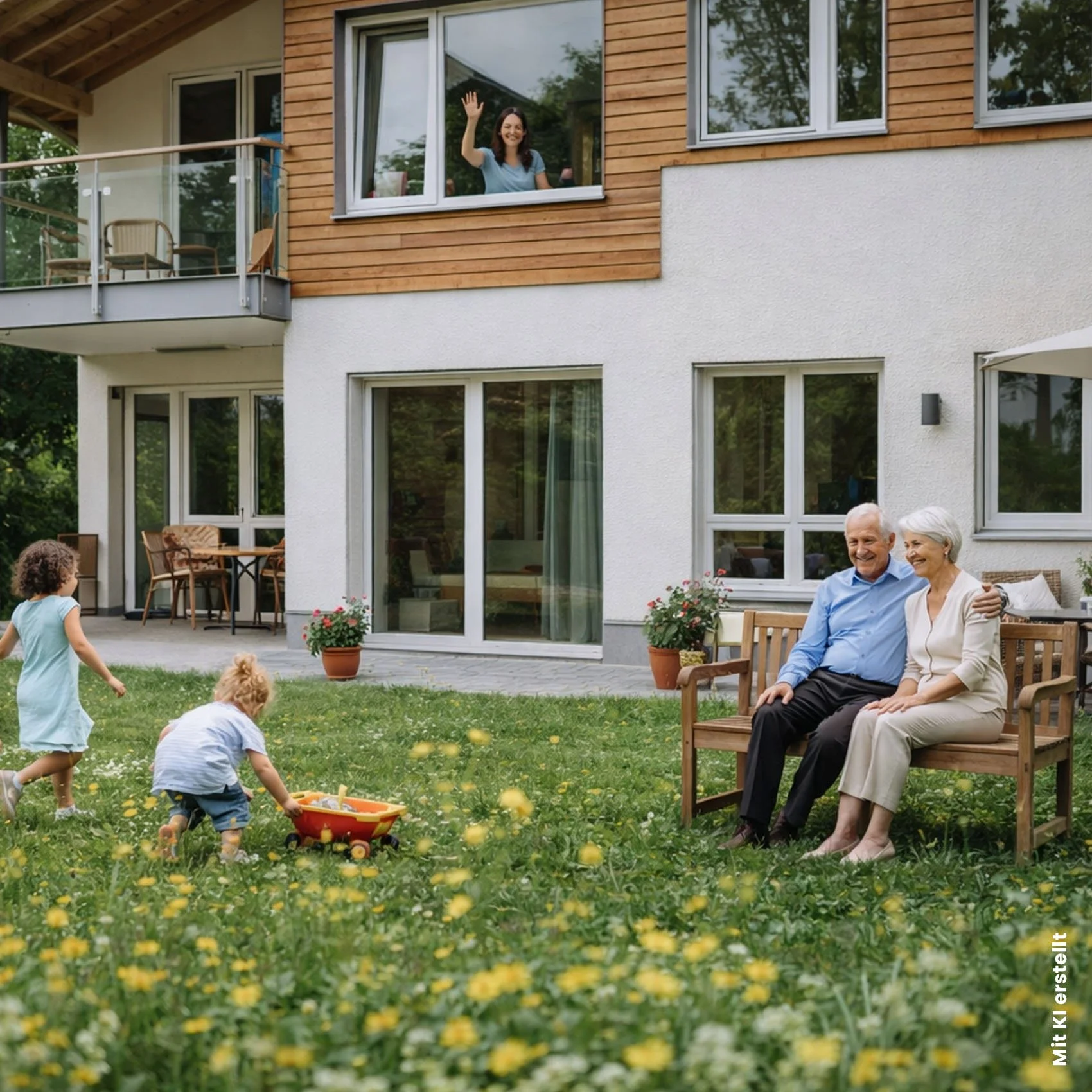 Auf dem Bild von Wohnraum-Gestaltung mit Menschen in drei verschiedenen Generationen zu sehen. Enkel die im Garten spielen. Großeltern, die ihnen zuschauen auf einer Bank sitzend. Aus dem Fenster winkt die Mutter der Kinder.