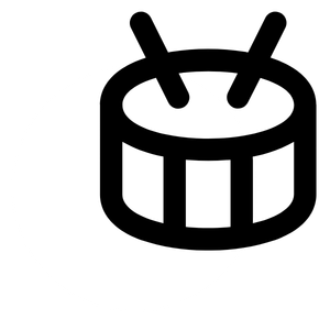 Ein stilisiertes schwarzes und weißes Symbol, das eine Trommel darstellt.