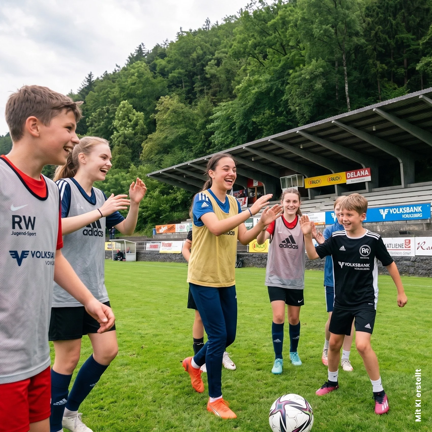 Jugendliche Kinder beim Fußballtraining auf einem grünen Rasenplatz, lachend und in Gruppen um einen Fußball.