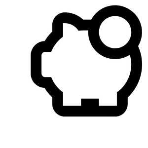 Ein stilisiertes schwarzes und weißes Symbol, das ein Sparschwein darstellt.