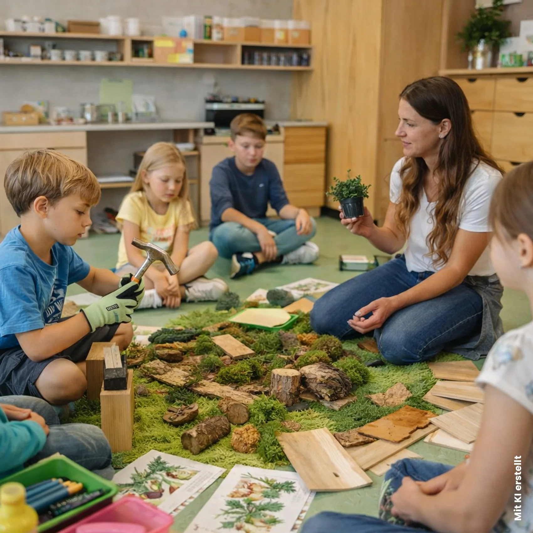 Lehrkraft mit 5 Kindern im Sitzkreis, die gerade zusammen mit Naturmaterialien basteln als Symbol für starke Kinderbetreuung in Rankweil. Mit KI erstelltes Foto.