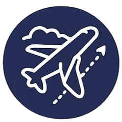 Icon of an airplane taking off with clouds in the background, on a dark blue circular background.