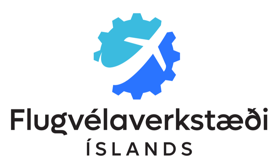 Logo for Flugvelaverkstæði Islands featuring a gear and airplane icons with text in Icelandic and English.