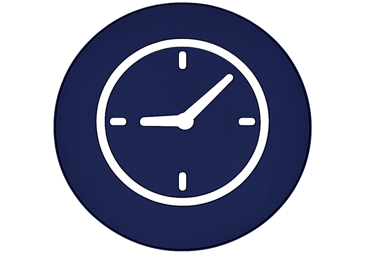 A round blue clock with white hour, minute, and second hands showing 9:08.