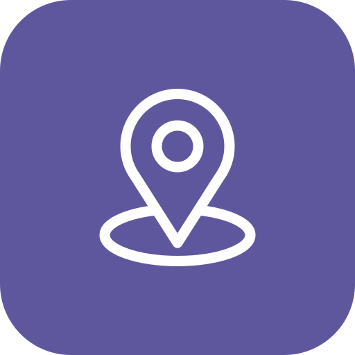 Icon of a map pin marker on a purple background.