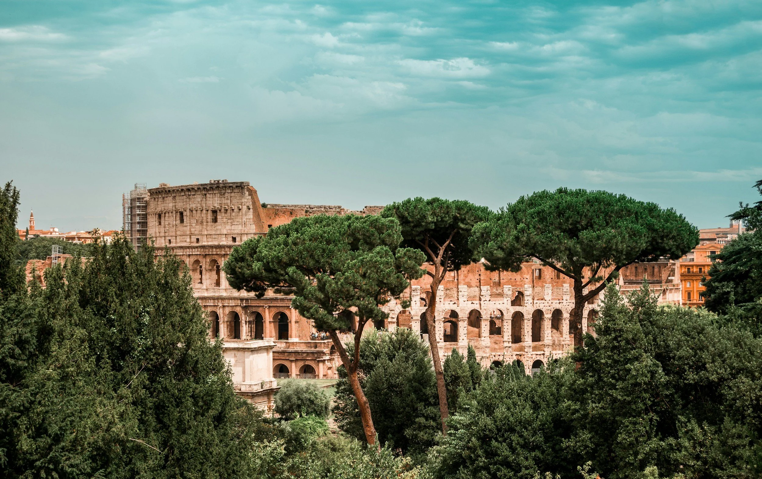 The image shows the Roman Colosseum in Rome, Italy, partially obscured by trees in the foreground, with a cloudy sky overhead.