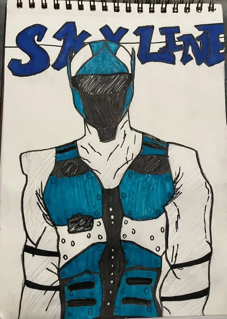 Drawing of a person in a motorcycle outfit, wearing a helmet and face mask, with the word 'SNAKE' written at the top in bold blue letters.