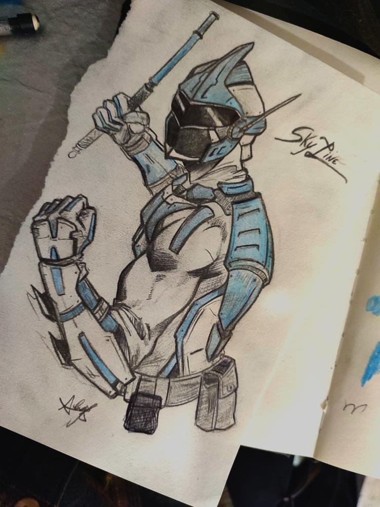 Sketch of a muscular humanoid figure dressed as a futuristic knight, holding a sword, with a helmet and armor, signed by the artist, with the text 'Sky Tine'.