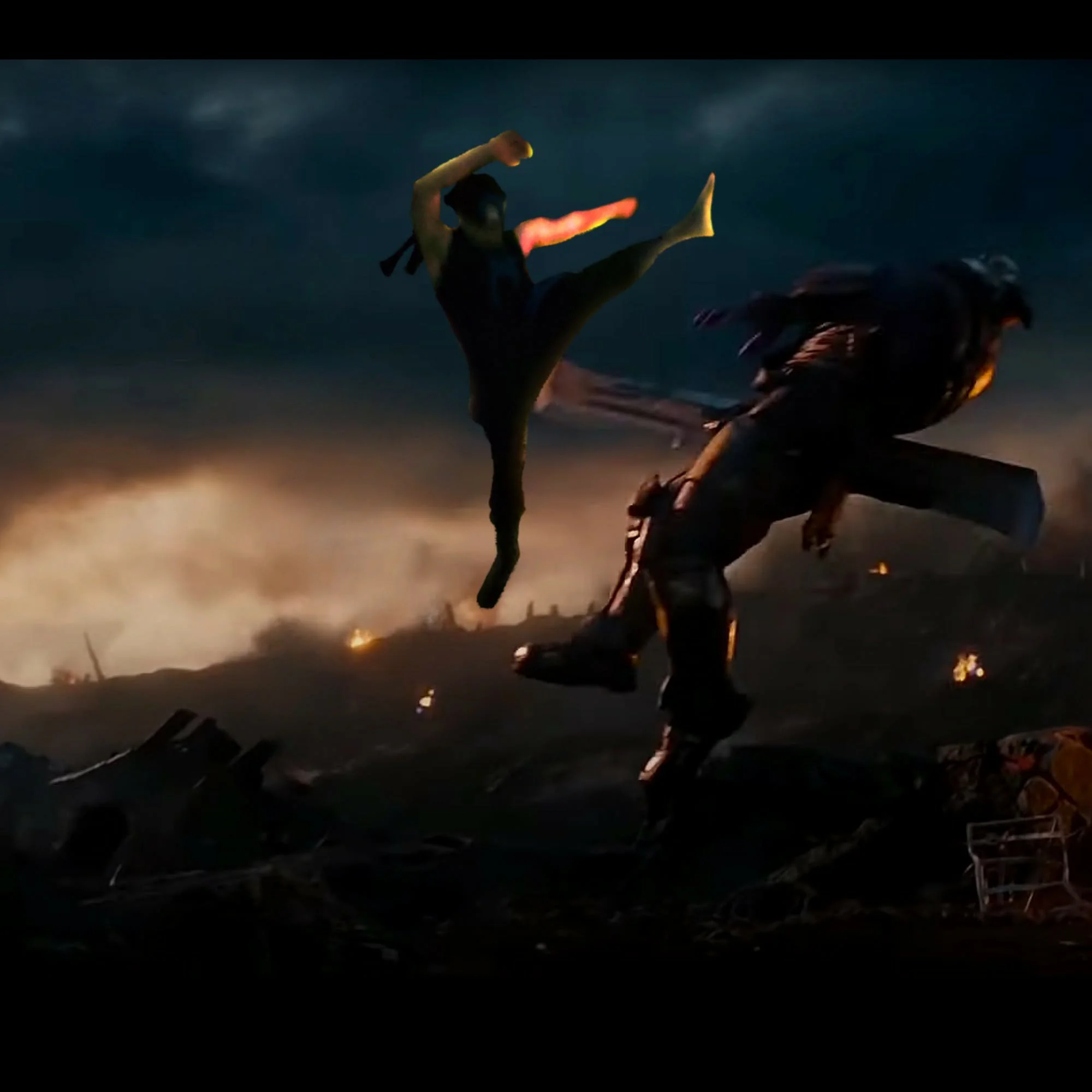 A scene from a cinematic or animated film showing a dinosaur breathing fire with dark, stormy skies in the background.