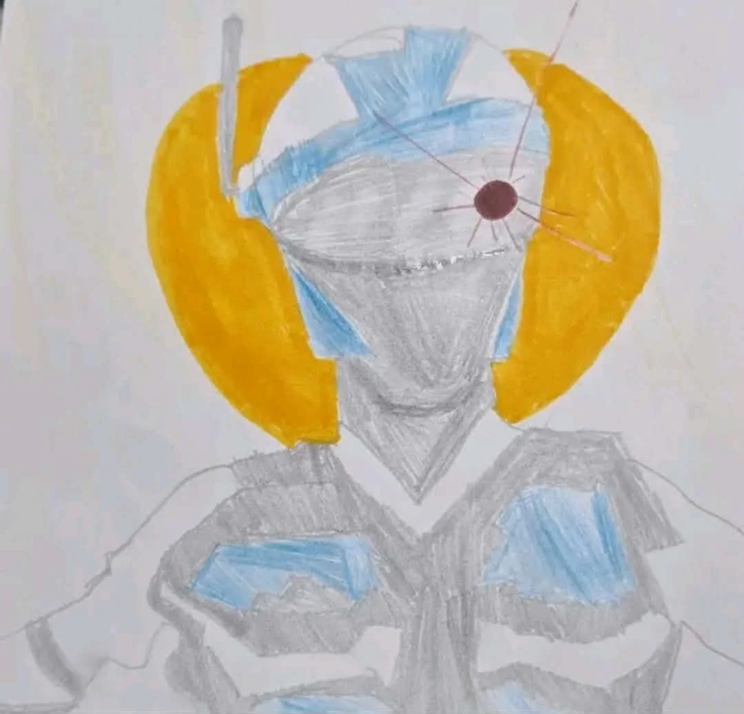 A colored pencil drawing of a person wearing a helmet with a blue, white, and gray color scheme. The person has shoulder-length yellow hair, and the background is plain white.
