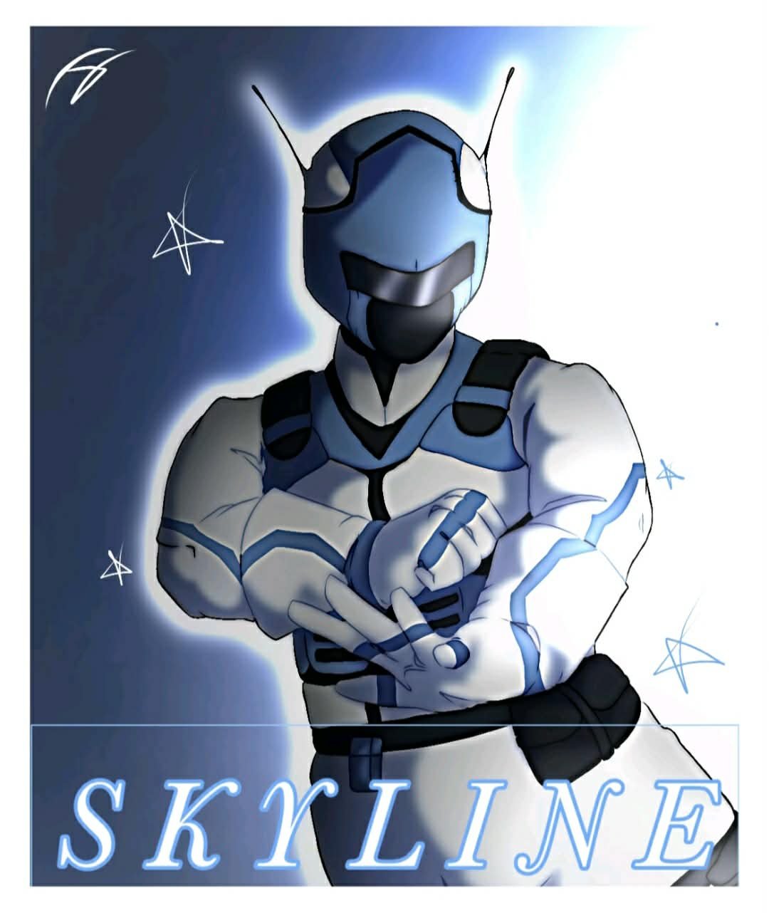 A stylized digital illustration of a futuristic soldier in a white and blue armored suit with a helmet, crossing their arms over their chest. The background is dark blue with white glowing accents and small stars, and the word 'SKYLINE' is written at