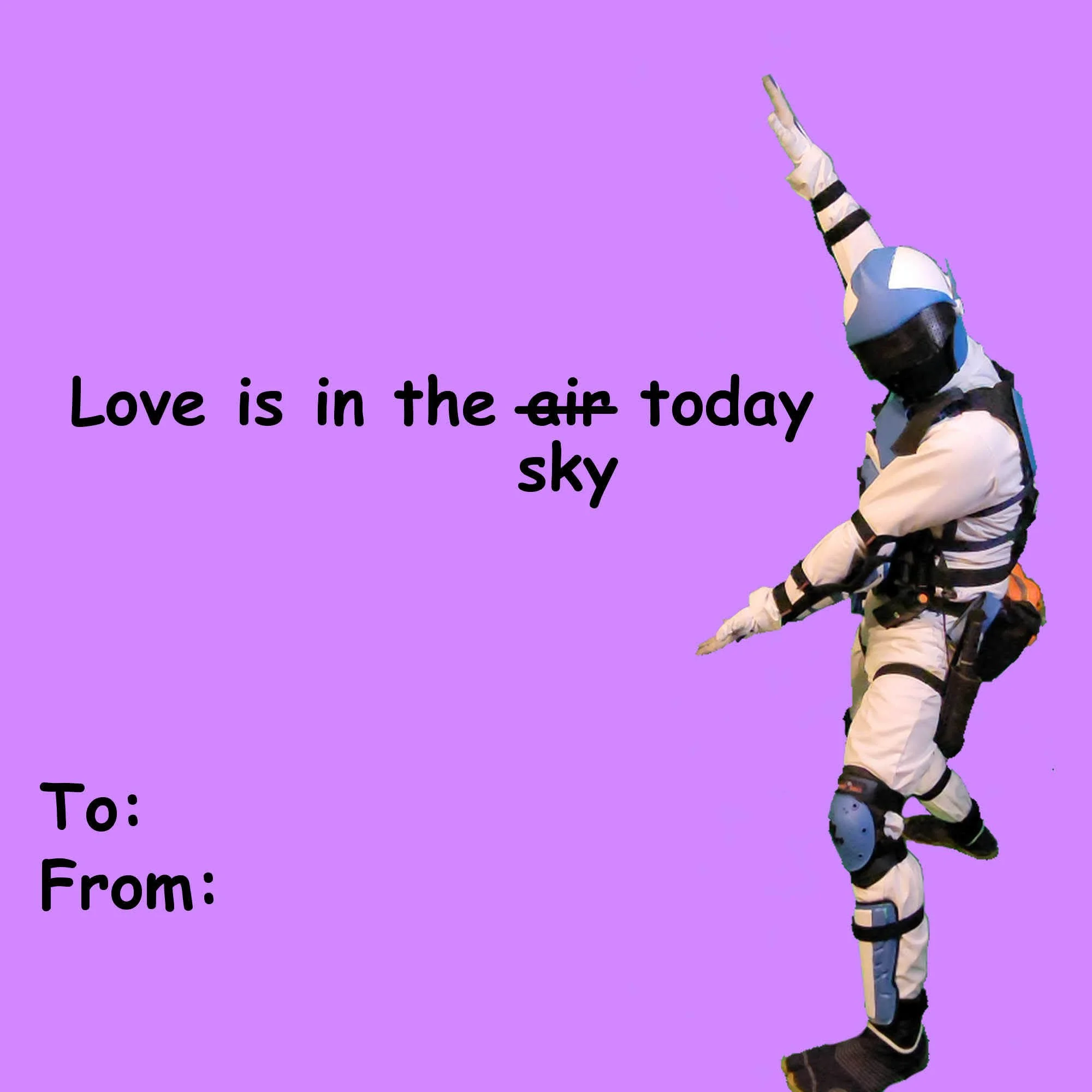 A person wearing winter gear including a blue helmet, jacket, and skates standing on a roller skis on a purple background. The text on the image says 'Love is in the air today sky'.