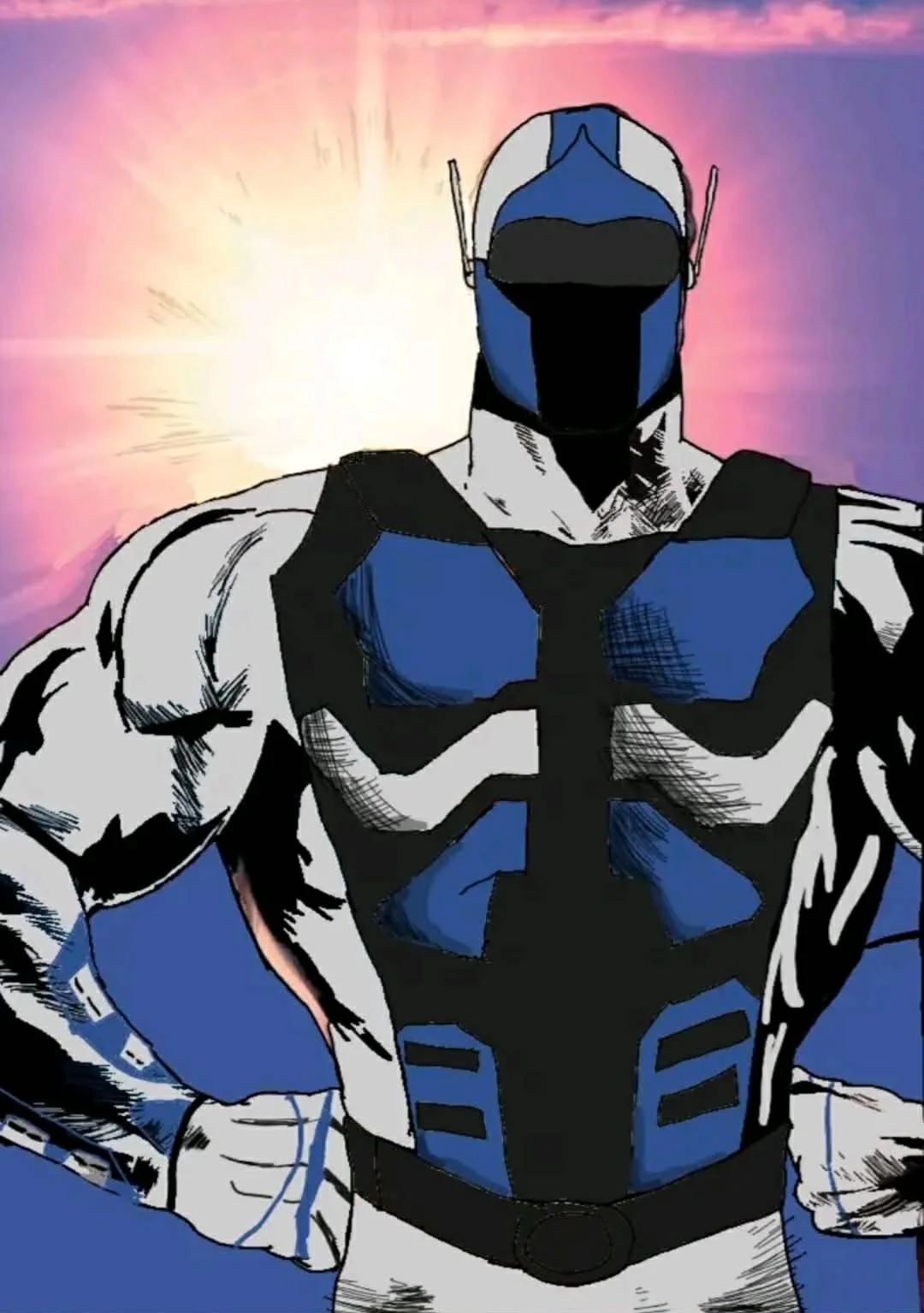 Comic-style illustration of a muscular superhero wearing a blue and black suit with a mask, standing with one hand on his hip against a background of a bright sun and colorful sky.
