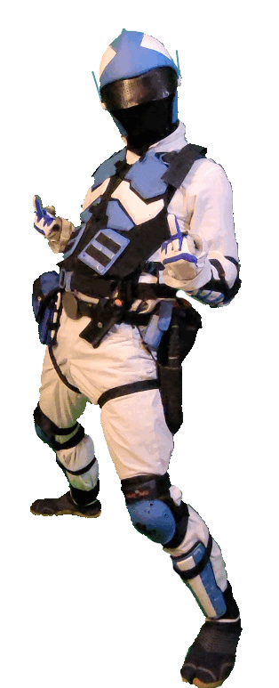 A person dressed in a futuristic, blue and white tactical suit with black face mask, holding a device in one hand and a gun holstered on the waist, standing confidently.