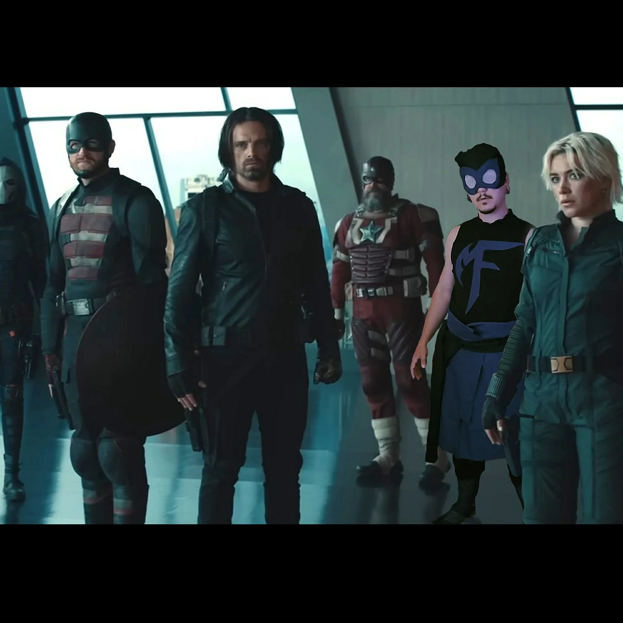 Group of superhero characters standing in a modern building with large windows, some dressed as Captain America, Black Panther, and other superheroes from Marvel movies.