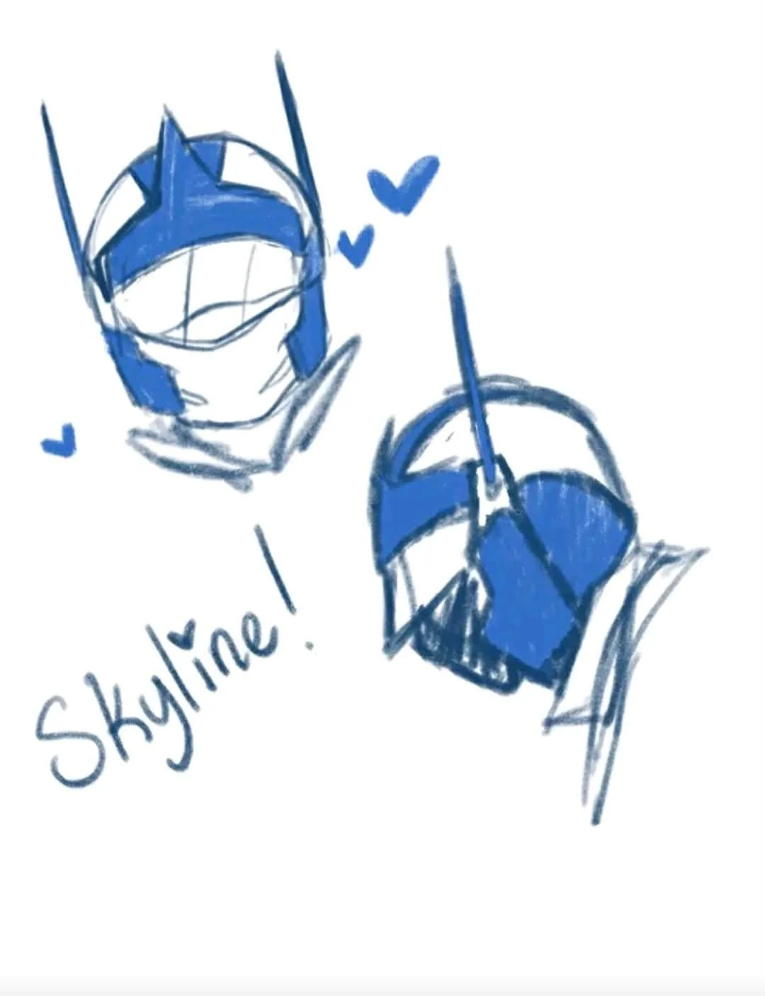 A sketch of a character in a helmet, with the word 'Skyline!' and small hearts around.