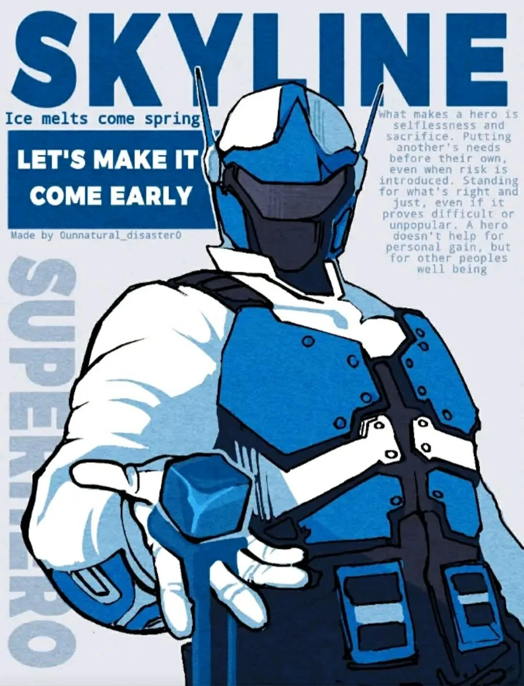 An illustration of a person in blue and white armor with a black visor holding a blue die, with text promoting early ice melts and hero qualities like selflessness.