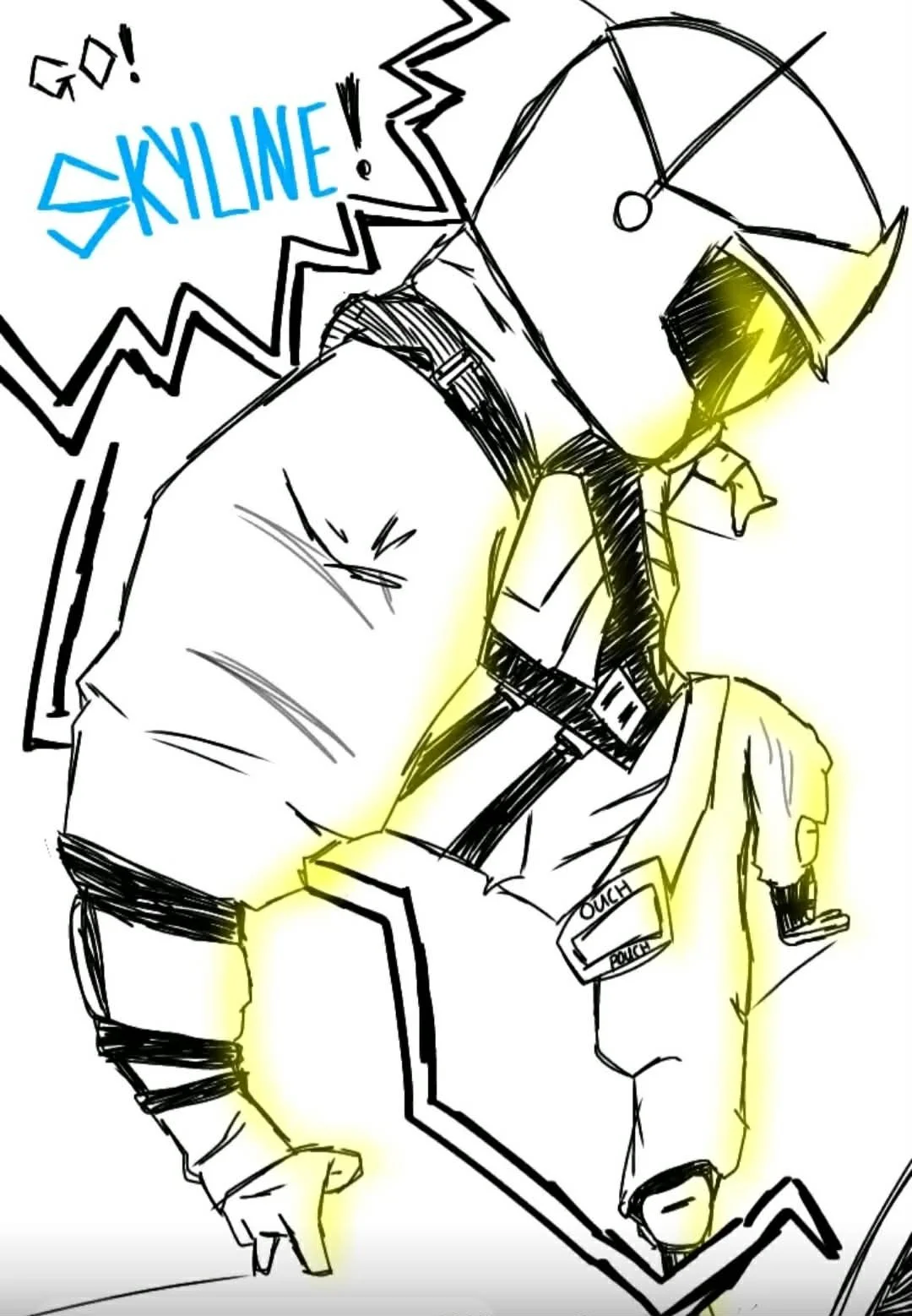 Black and white sketch of a police officer in uniform with a badge. The officer is gesturing with one hand, and there is a speech bubble that says "GO! SKYLINE!" in blue text. The sketch includes a police hat and the word "OUCH" on the badge.