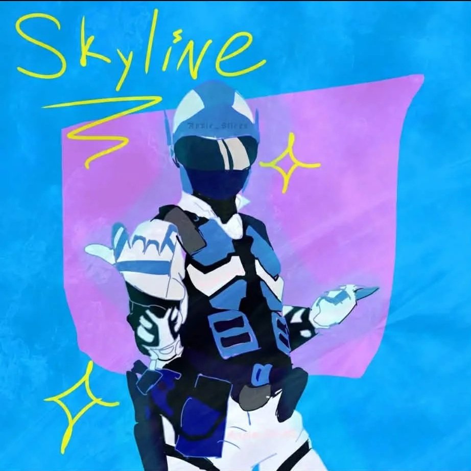 An illustration of a person in futuristic blue and white armor with a helmet, standing with one hand raised in a gesture. The background features a pink square and a blue gradient with the word "Skyline" written in yellow above.