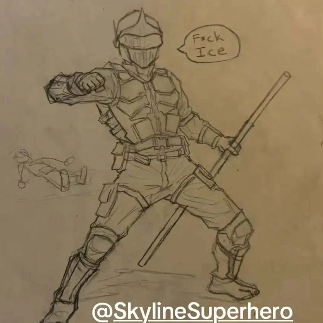 Sketch of a superhero in armor with a helmet, holding a staff, striking a fighting pose. A small figure lying on the ground in the background. A speech bubble near the superhero says, 'F*** Ice.'