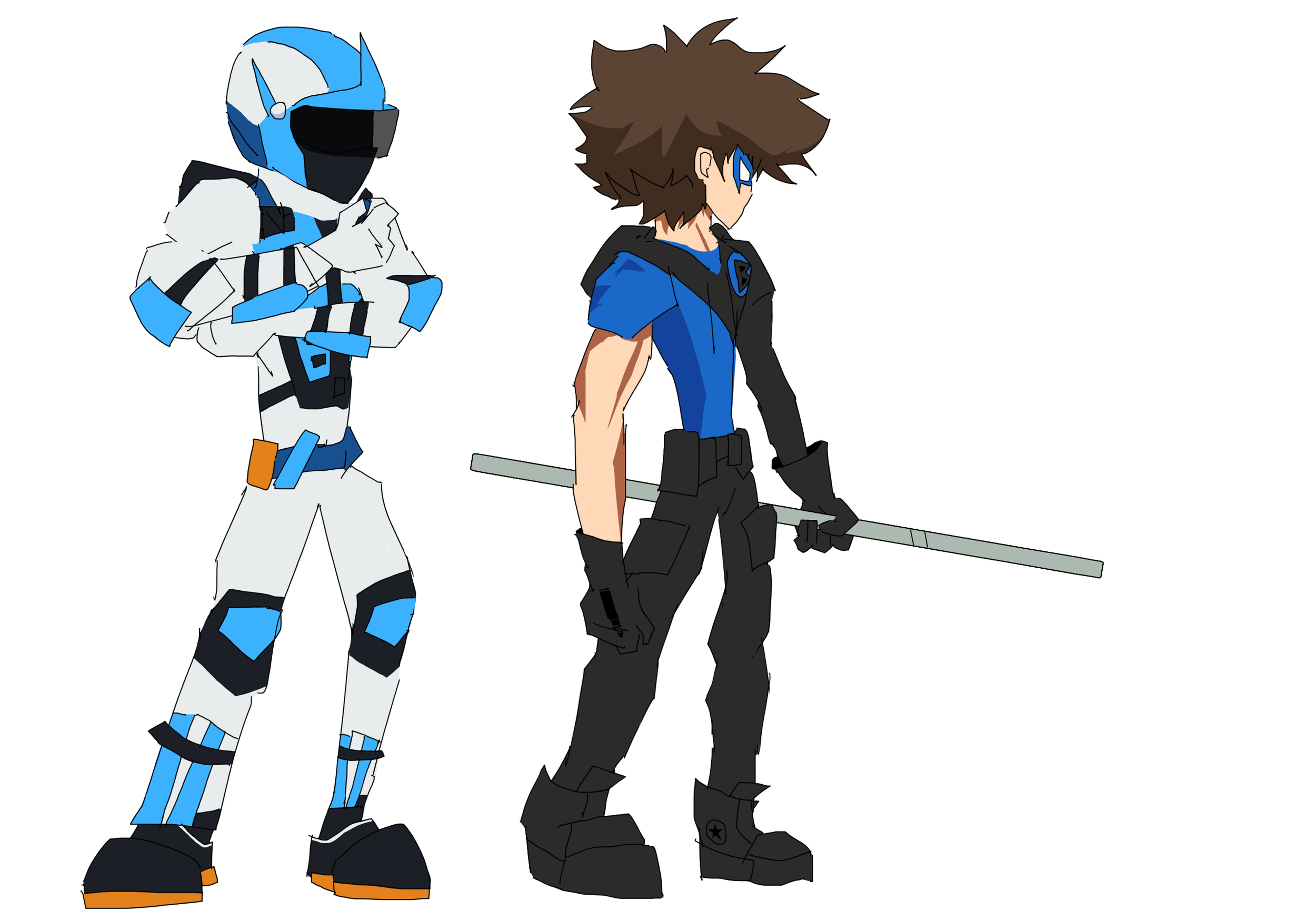 Two characters, one in a white and blue futuristic armor suit with a helmet, and the other in black tactical gear with a sword, stand side by side against a white background.