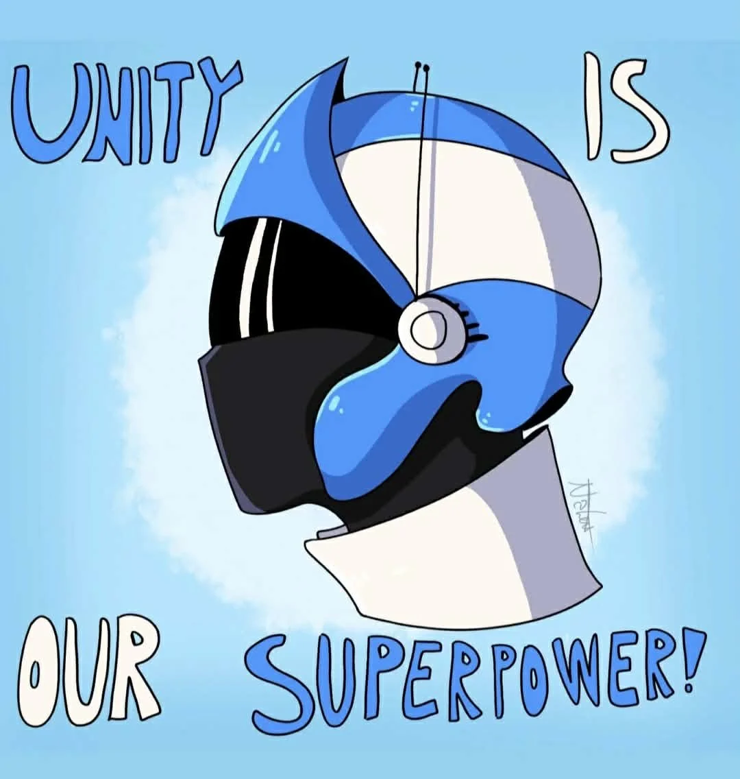 A stylized cartoon of a motorcycle helmet with a cape, symbolizing a superhero, with the words 'Unity is our superpower!' written around it on a light blue background.