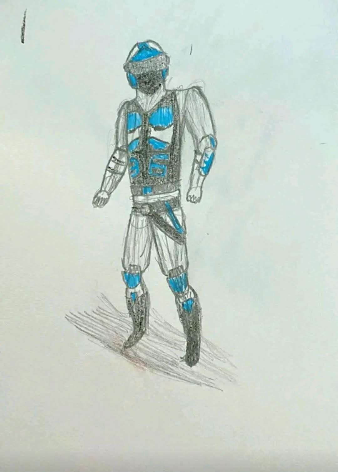 Hand-drawn sketch of a person in a futuristic or armored outfit with blue and gray details, standing with one arm slightly raised.