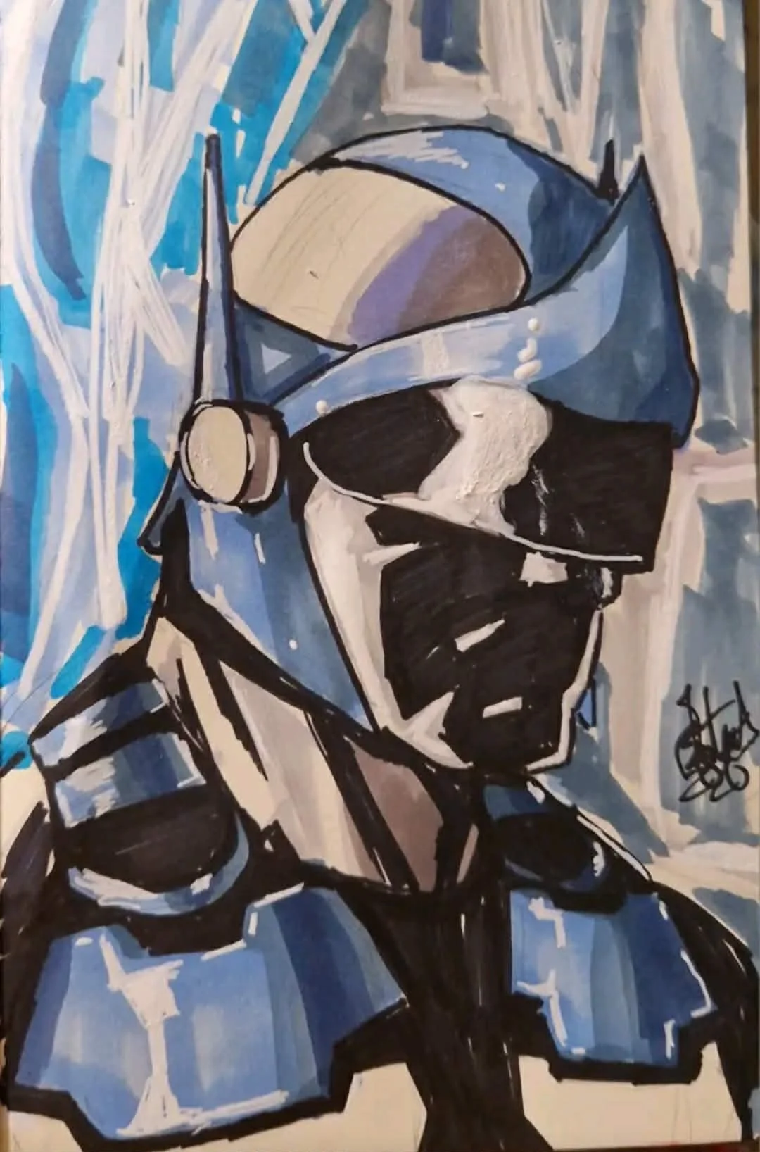 Abstract painting of a person wearing a helmet and goggles, with a blue and white color palette, painted in bold brushstrokes.