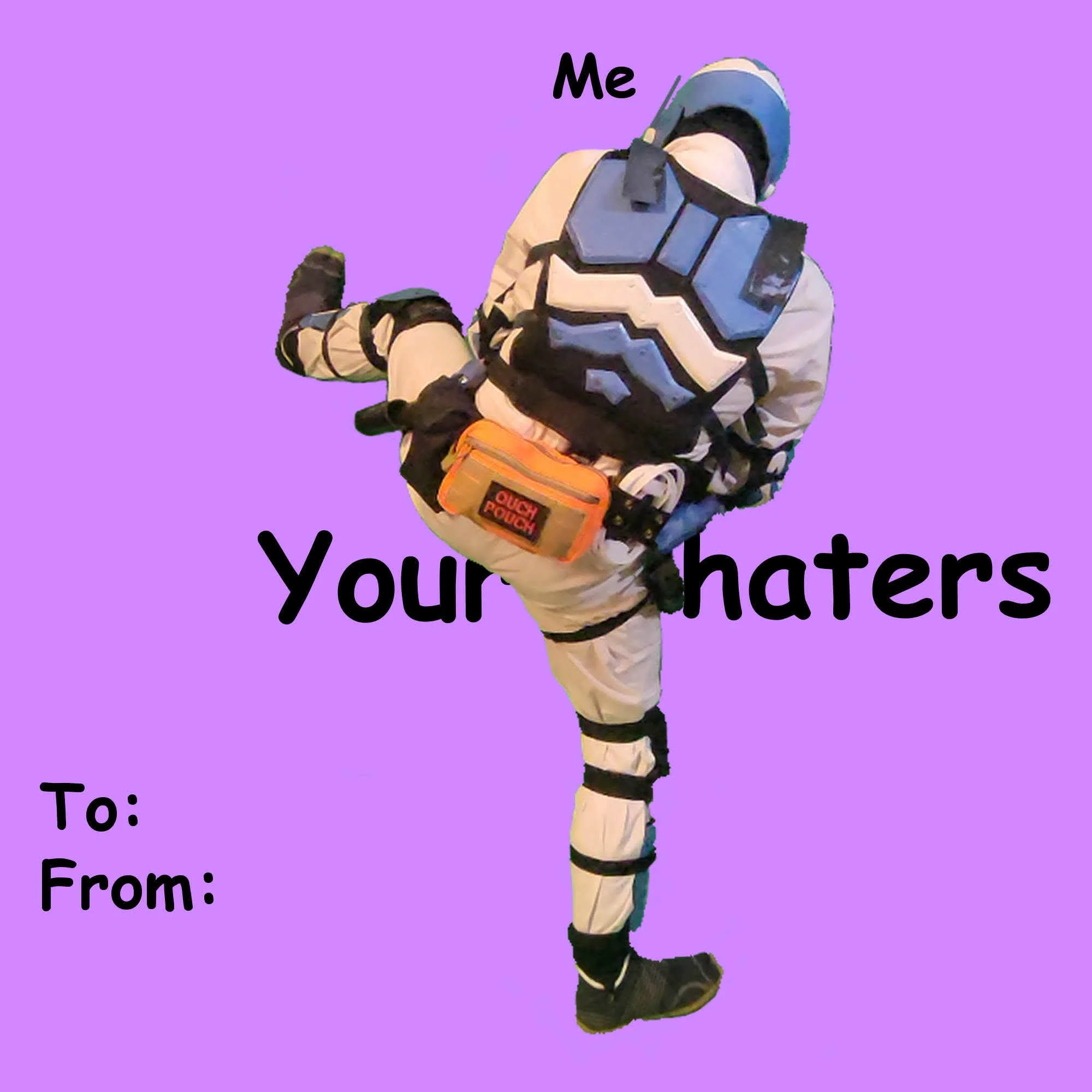 A person in a futuristic beige and black costume, wearing a helmet and backpack, sitting against a purple background with text indicating it is a greeting card template.