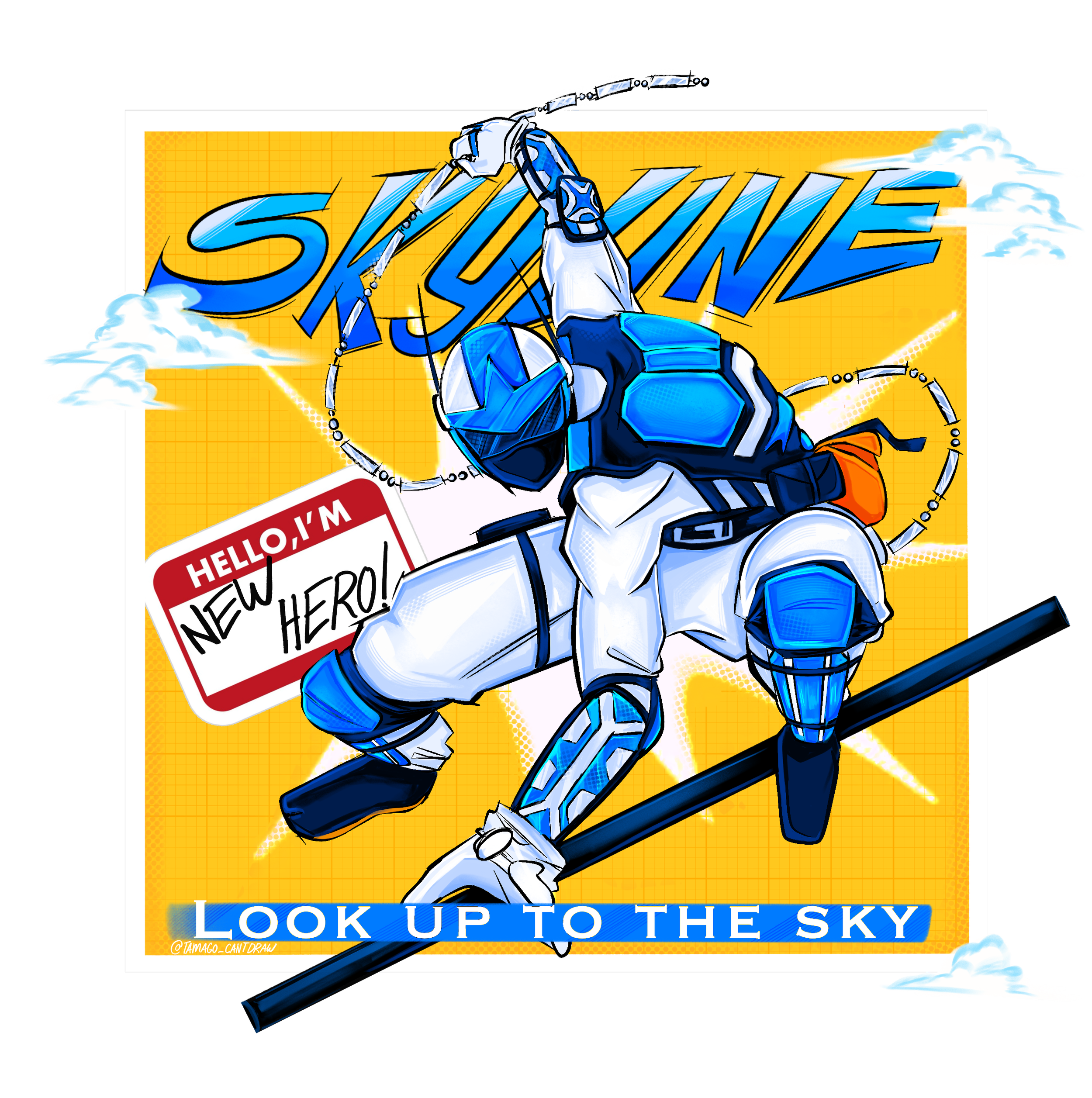 Comic-style illustration of a robot with a soccer ball, clouds, and the text 'Skyline' in bold blue letters with a yellow background, with additional text 'Look up to the sky' at the bottom.