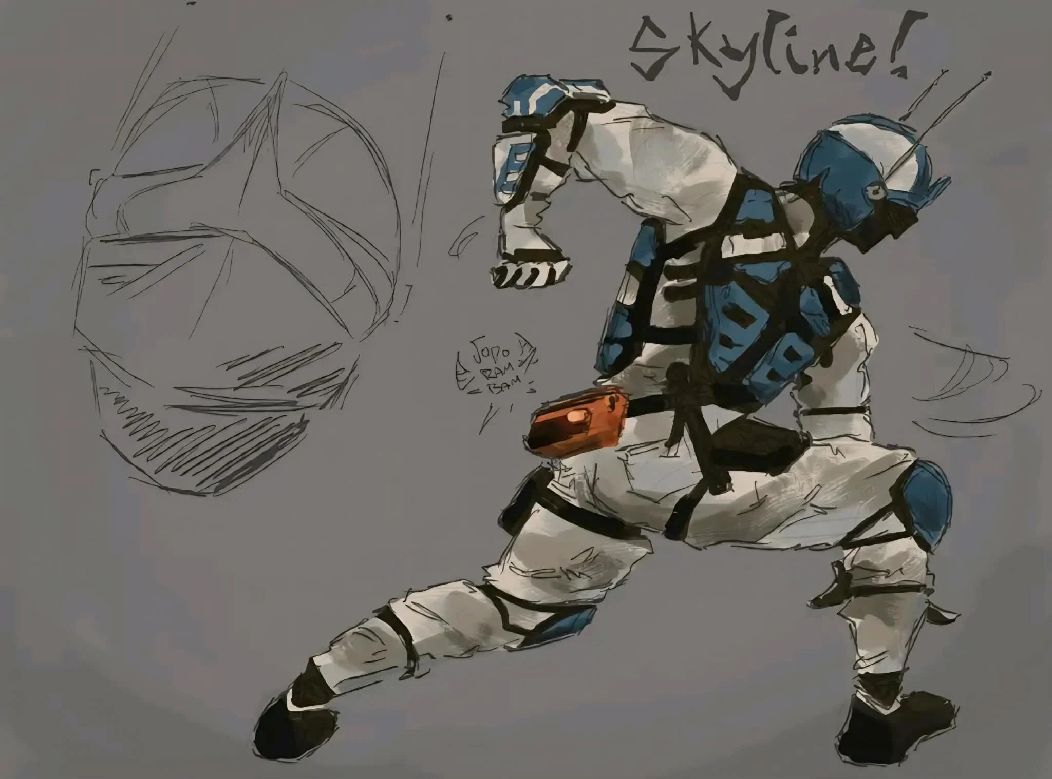 A sketch of a person in winter clothing holding an orange object, with the word 'Skymaker!' written in the top right corner.