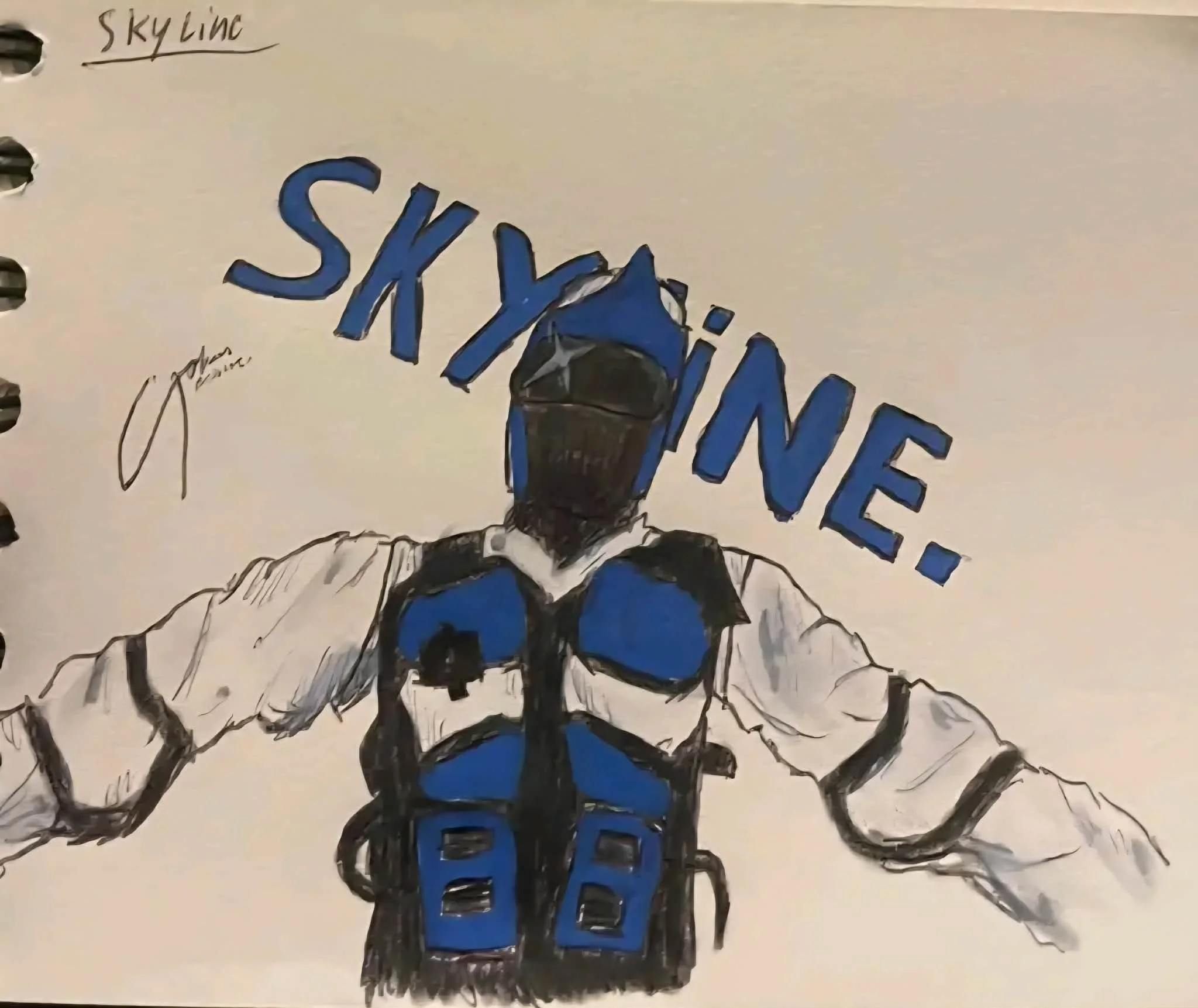 Hand-drawn sign on white paper with the words "Sky Line" written at the top. The central drawing features a person in a blue jacket and black pants, wearing a backpack, standing with arms outstretched, with mountains and sky in the background.