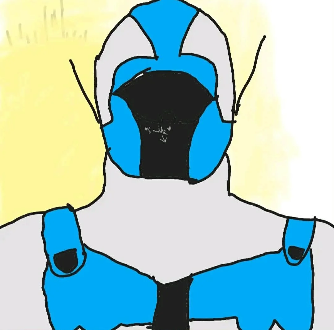 Drawing of a person wearing a futuristic blue and gray helmet and suit, with exaggerated features and a simple background.