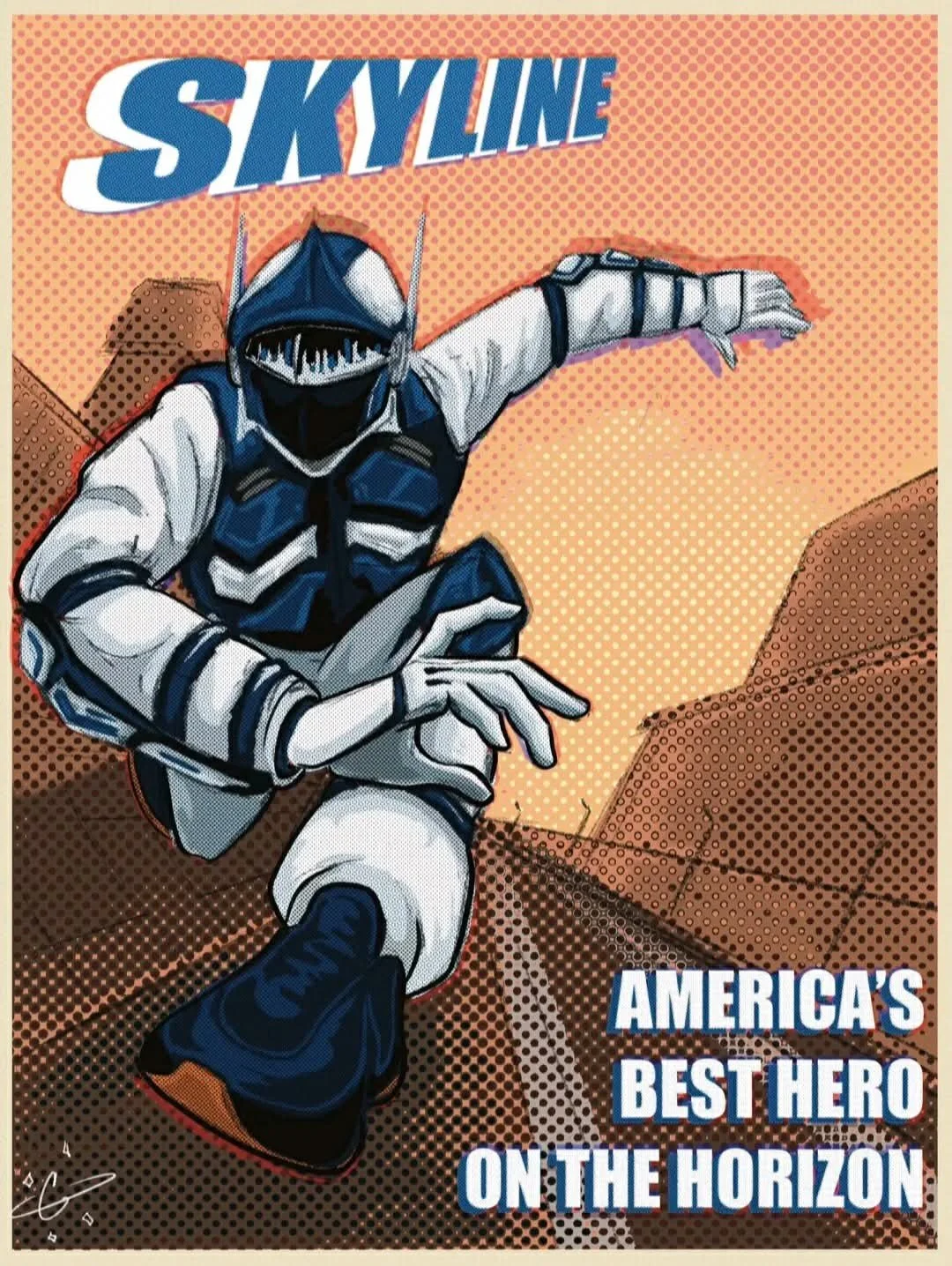 Comic-style illustration of a superhero in a blue and white costume, crouching with one arm extended forward and the other arm bent. The background shows a desert landscape with rock formations. The text says, 'Skyline, America's Best Hero on the Hor