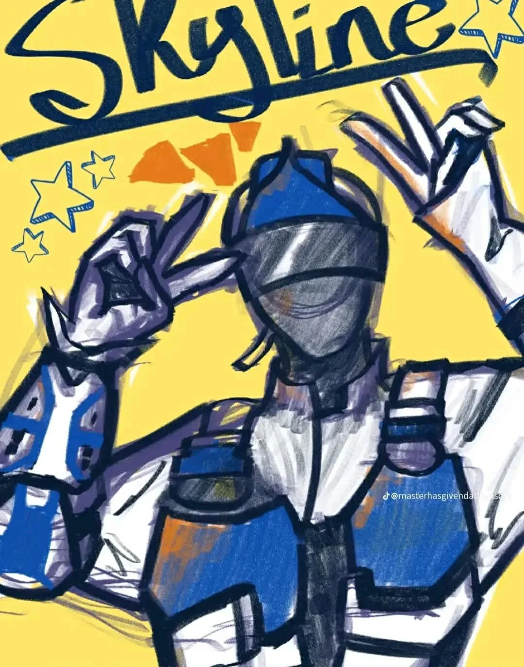 Drawing of a person wearing a blue cap and sunglasses, holding their hands near their head with the word 'Skydive' written above, set against a yellow background with stars.