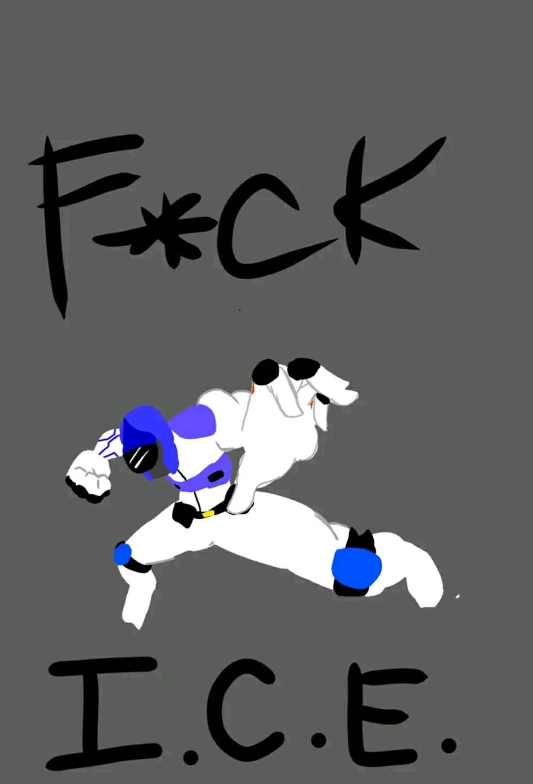 A stylized drawing of a muscular dog wearing sunglasses, a blue cap, and a blue and white outfit, striking a running pose on a dark gray background. The words 'F*ck T.C.E.' are written above and below the dog in black, graffiti-like font.