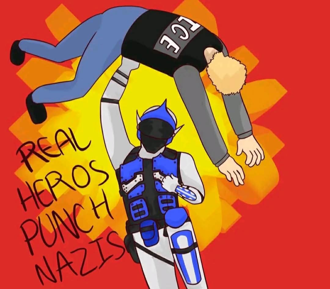 Cartoon illustration of a police officer holding a person upside down with the words "REAL ACRO PUNCH NAZIS" written nearby. The background is red with orange and yellow accents.