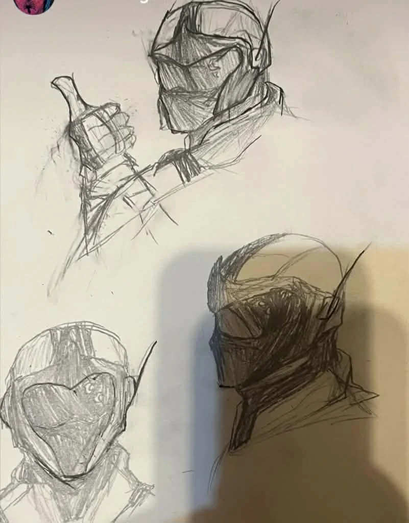 Four rough sketches of a person wearing a mask and protective suit, shown from different angles.