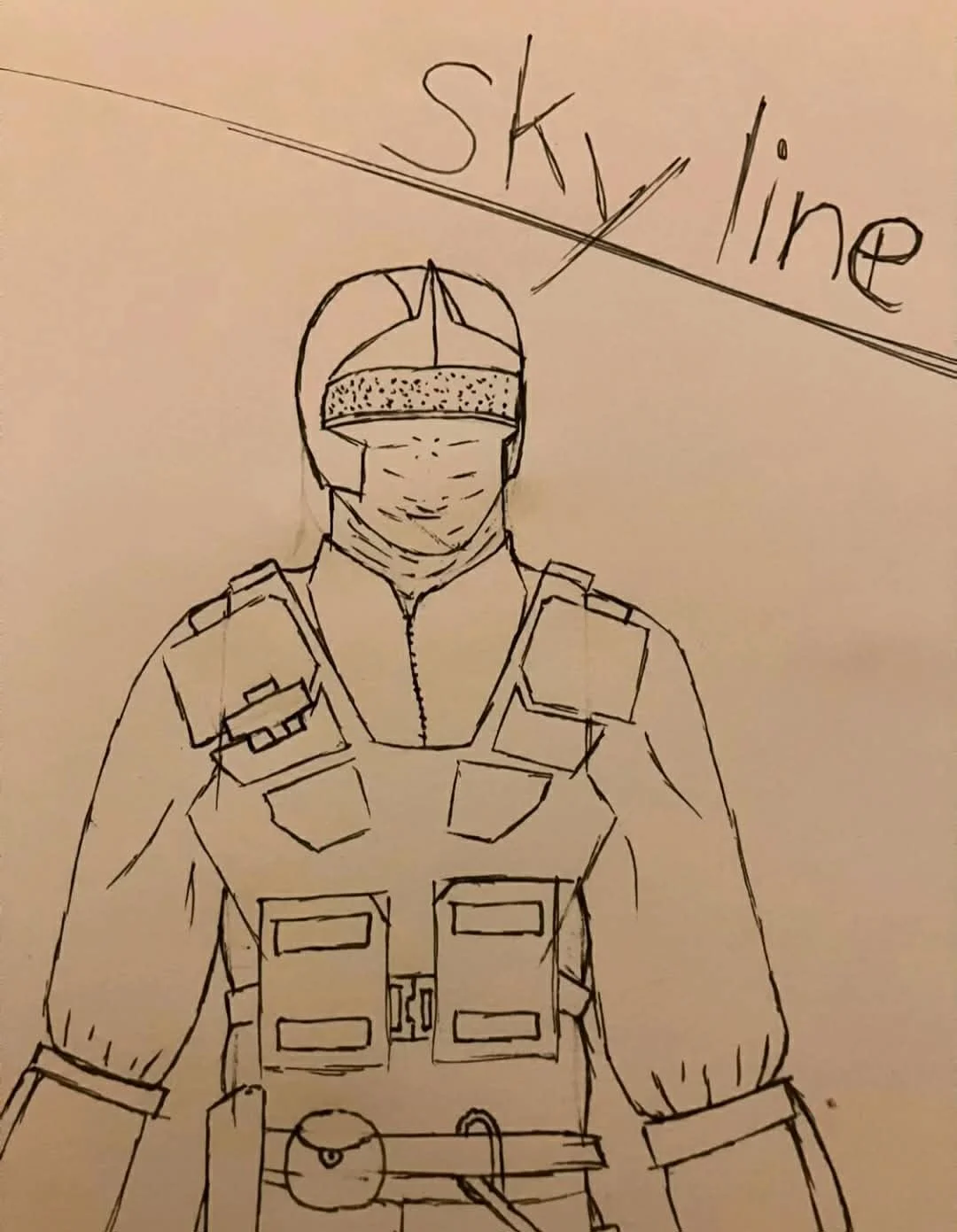 Sketch of a soldier or police officer wearing a helmet, face mask, and tactical vest, with the word 'skyline' written above.