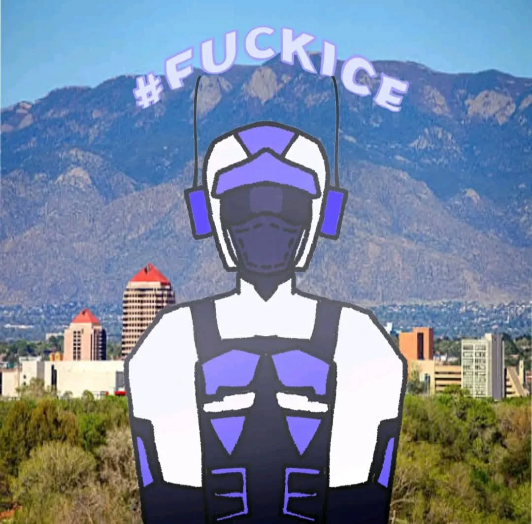 Illustration of a person wearing a helmet, face mask, and vest with the hashtag #FUCKICE and a city skyline with mountains in the background.