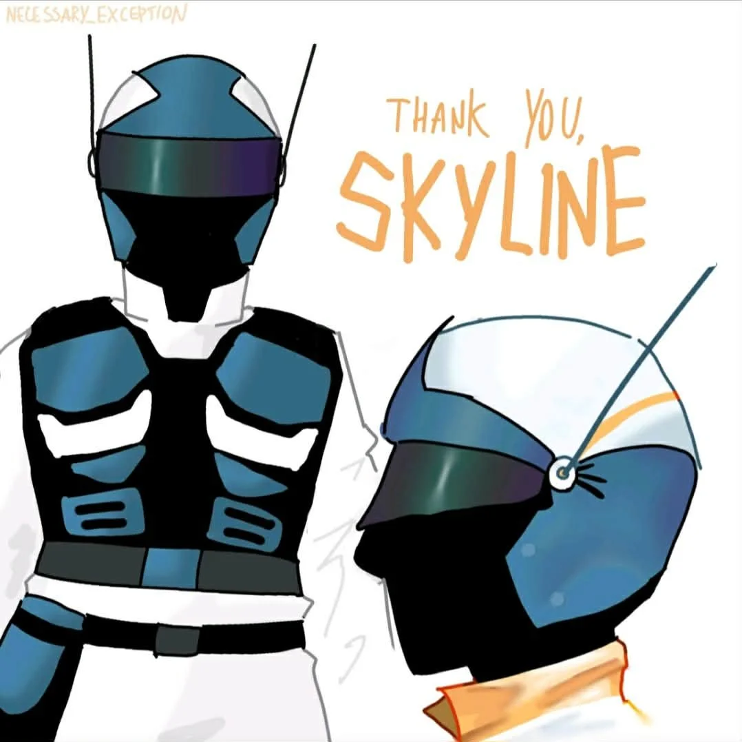 Illustration of two people wearing futuristic helmets, with one person giving a thumbs-up. The text reads "Thank you, Skyline" and "Necessary Exception."