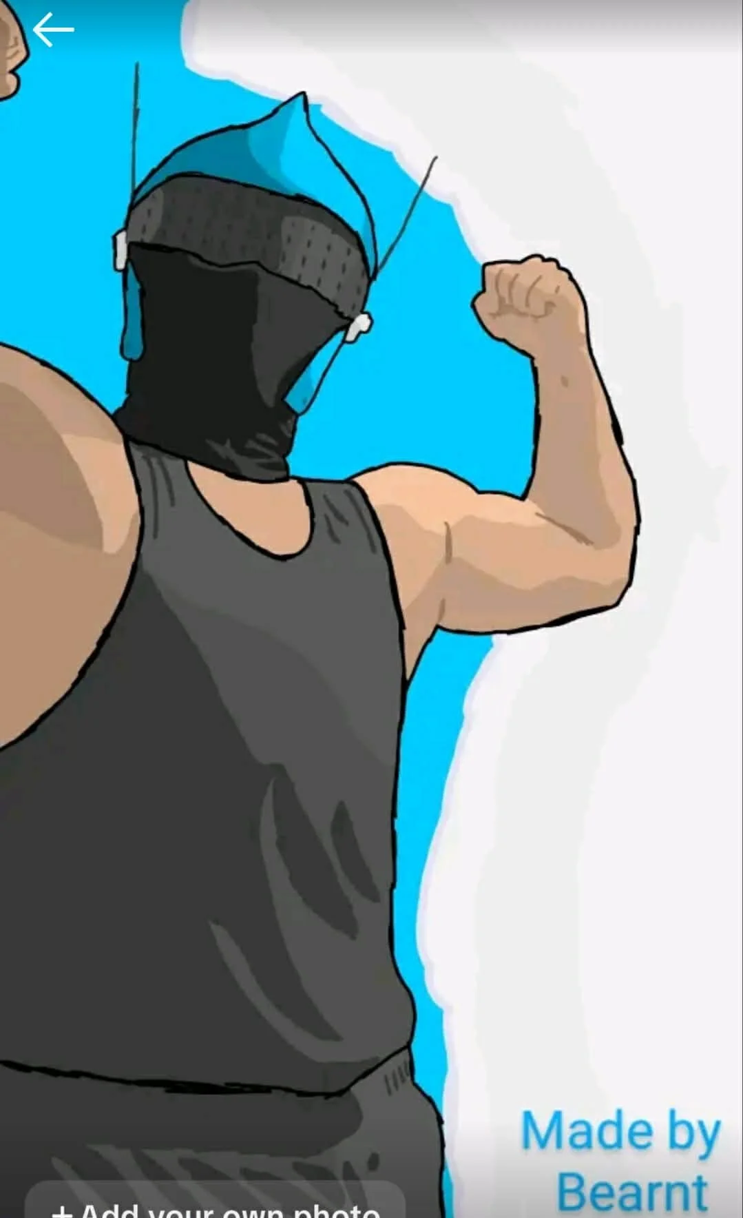 A cartoon-style illustration of a person wearing a black mask and a blue cap, flexing their right arm to show muscular strength, with a blue background and white clouds.
