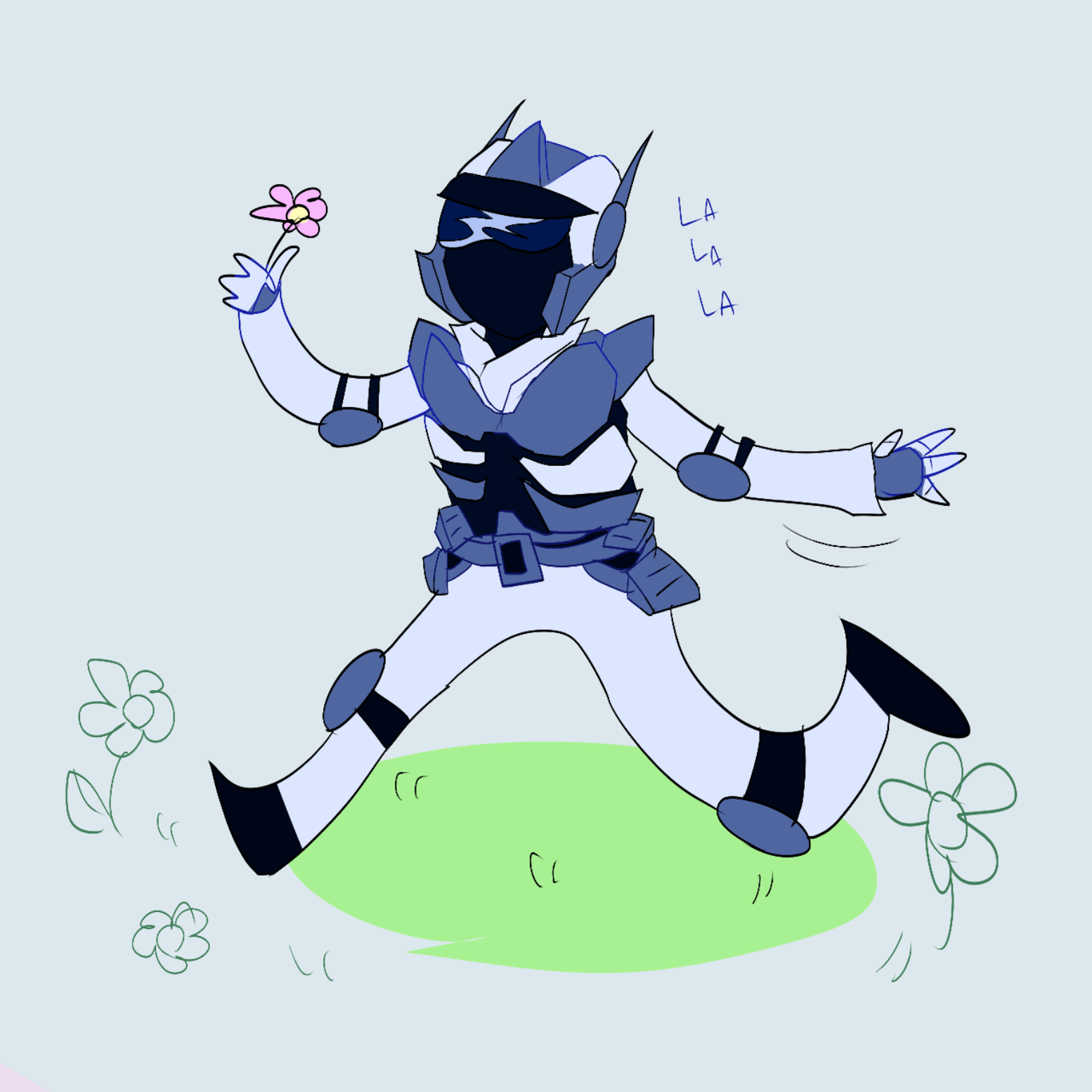 A cartoon drawing of a robot with a helmet, sunglasses, and armor, riding a white horse on a green hill, holding a pink flower and laughing.