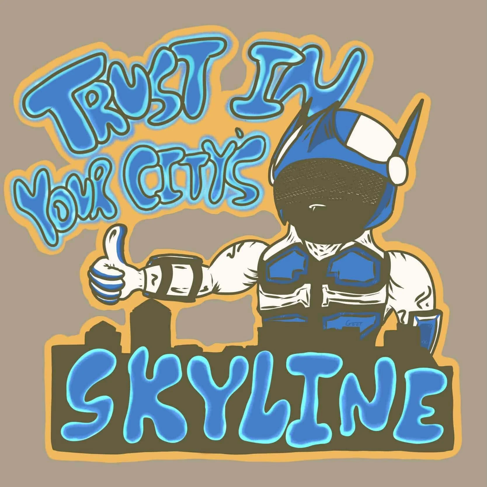 A cartoon illustration of Sonic the Hedgehog in a police uniform giving a thumbs up, with stylized graffiti text that says 'Trust Me, You're Cute' in blue and yellow colors, set against a plain background.