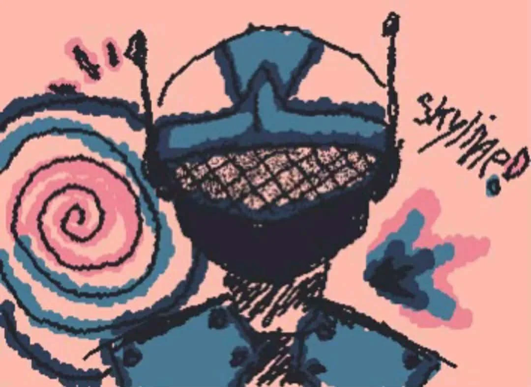A colorful, pixelated drawing of a person's face with glasses, closed eyes, and a wide, bright smile. The background is pink, with a spiral and a heart symbol nearby. The word 'skipped' is written beside the face.