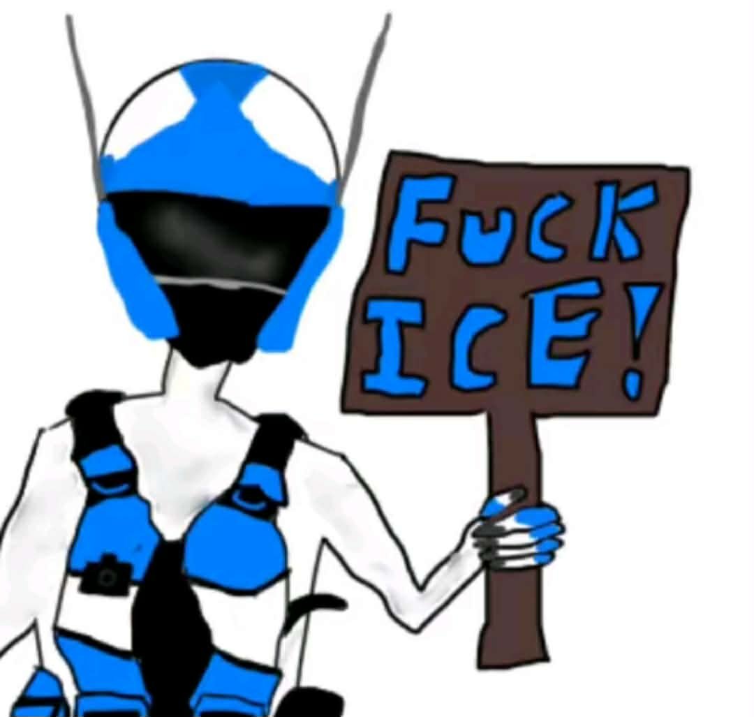 A cartoon drawing of a person wearing a helmet and sunglasses, holding a sign that says 'FUCK ICE!'. the person appears to be dressed in arrest or police gear and the background is white.