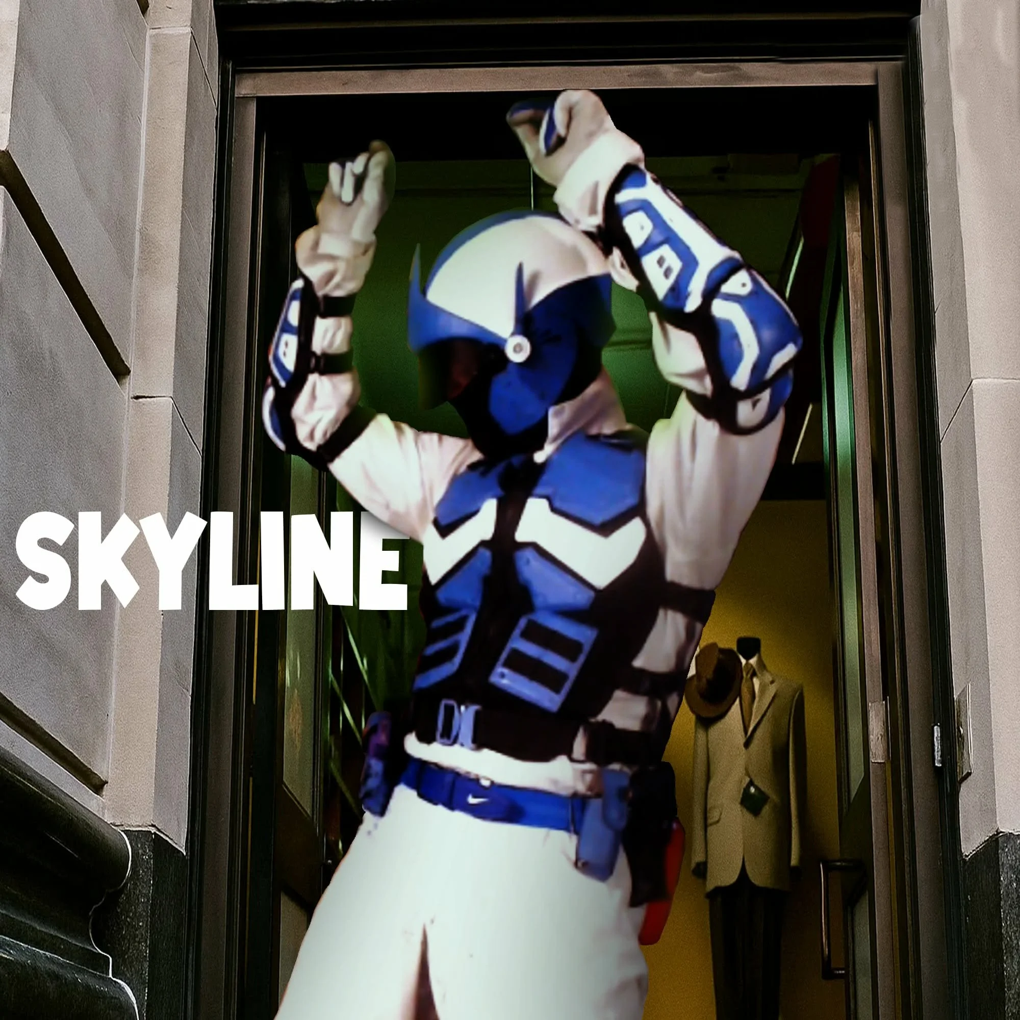 A person wearing a blue and white sports jersey and white pants is seen from behind, with their arms raised and fists clenched, standing at an elevator door.