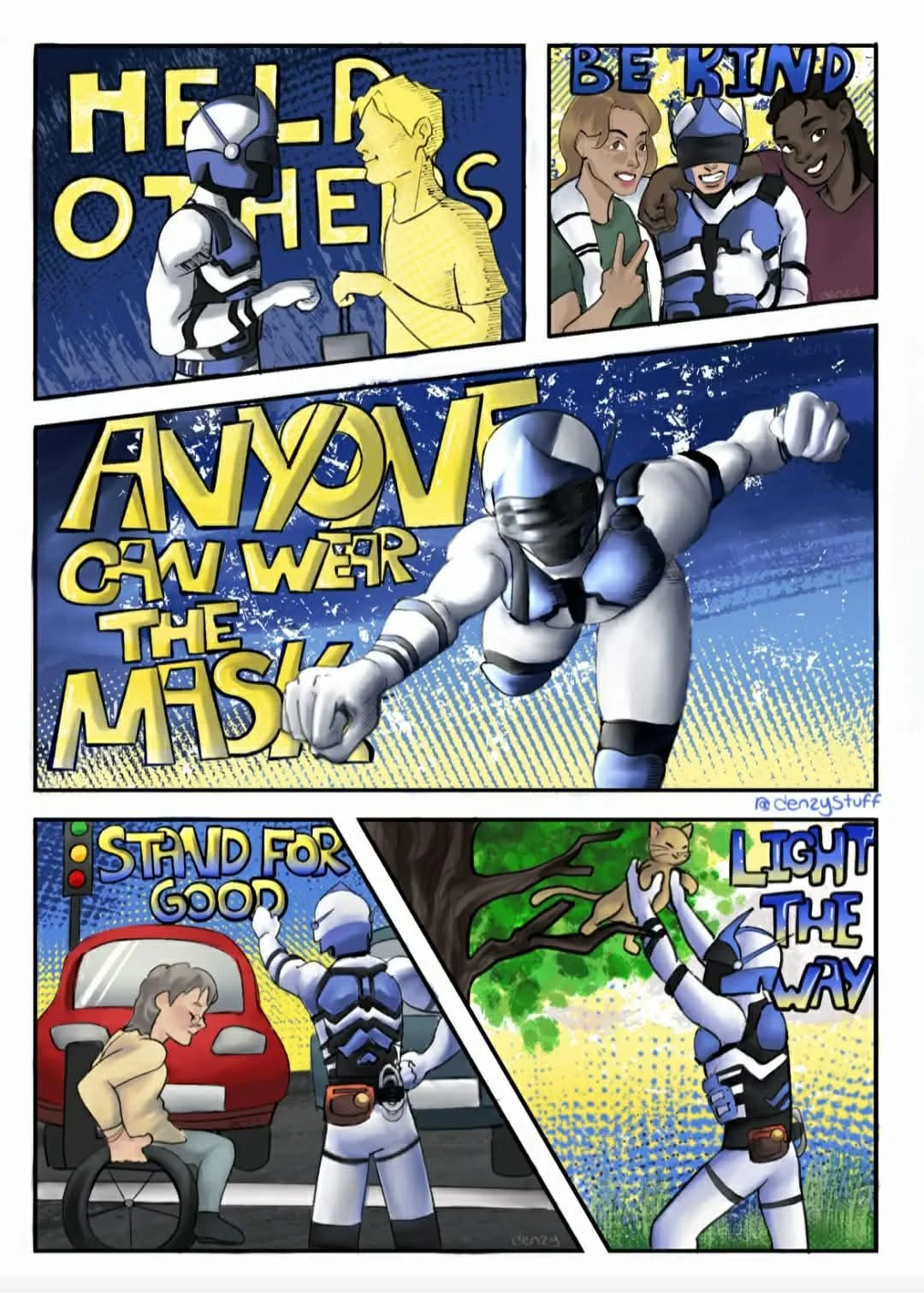 A comic-style illustration promoting kindness and anti-bullying, featuring a superhero robot performing positive actions like helping others, encouraging to stand for good, and lighting the way for kindness.