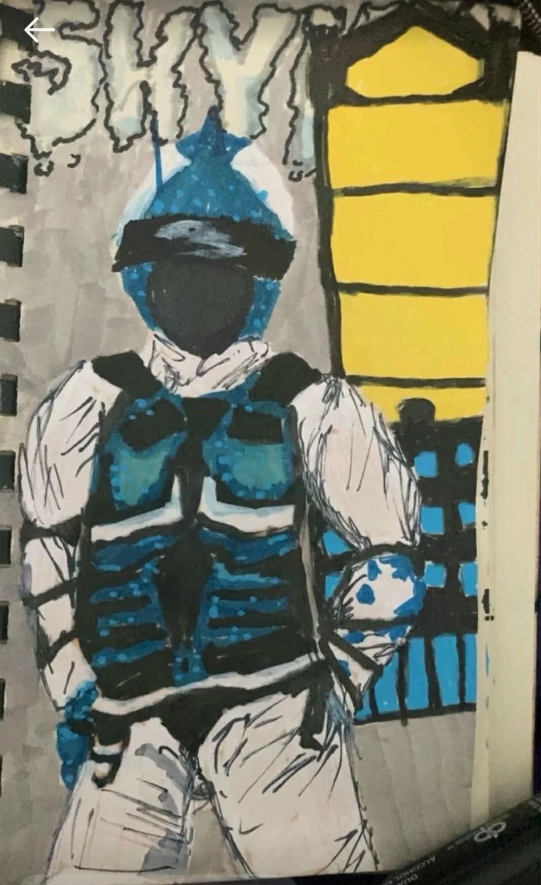 A graffiti wall art of a person dressed as a police officer with black face, wearing a blue cap, white shirt, and police vest. There is a yellow window in the background.