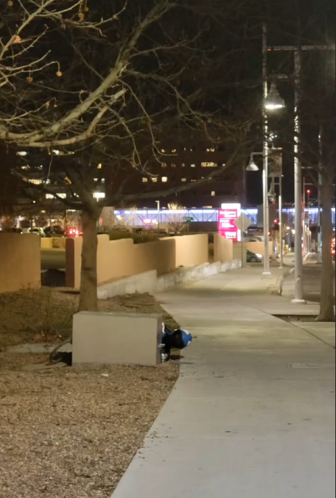 Nighttime scene of a city sidewalk with leafless trees, street lamps, and a concrete bench. In the distance, there are illuminated buildings and signs, and cars are parked along the street.